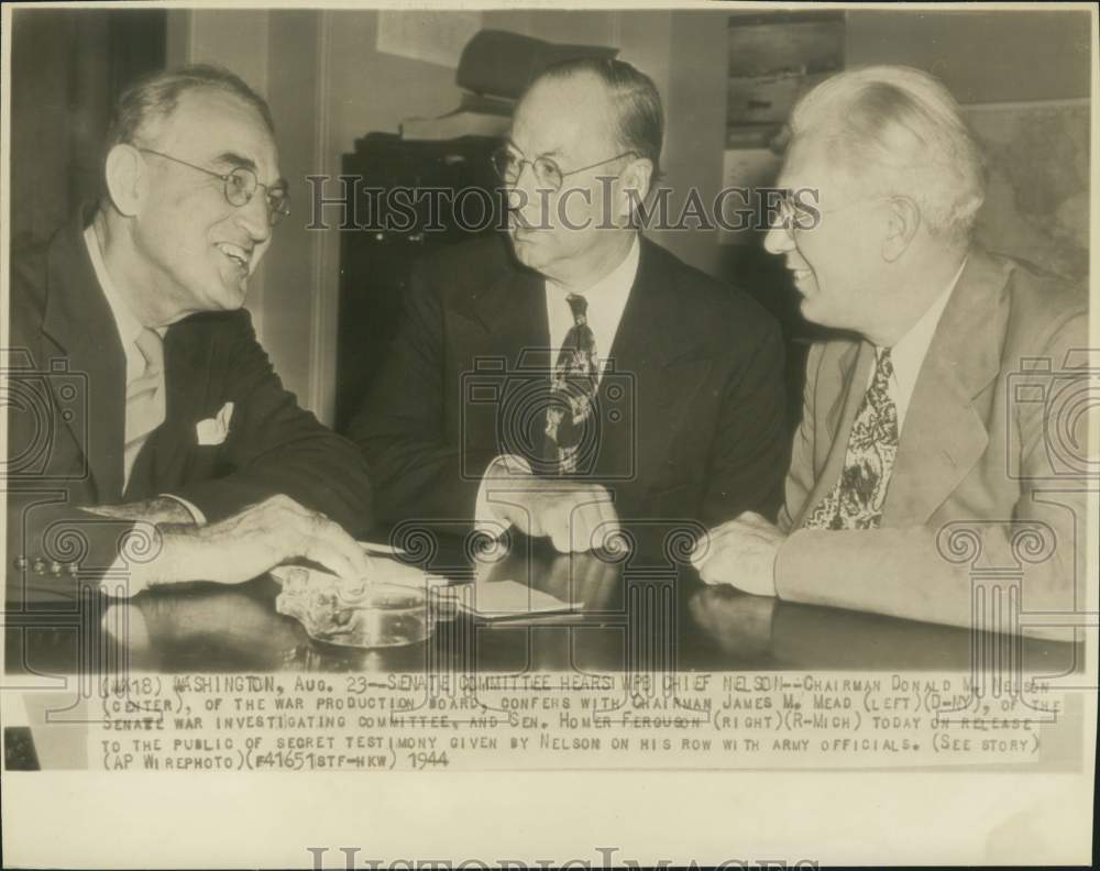 1944 Press Photo Donald M. Nelson &amp; Senators Homer Ferguson &amp; James M. Mead- Historic Images