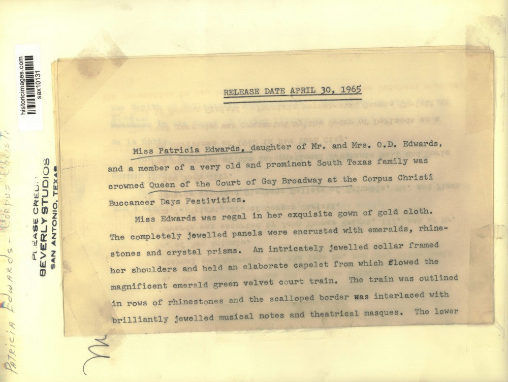 1965 Press Photo Corpus Christi Buccaneer Days Queen Patricia Edwards in Gown