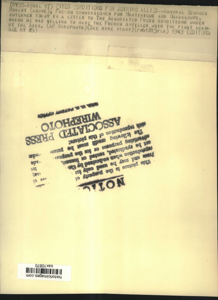 1943 Press Photo Admiral Georges Robert - sax10870