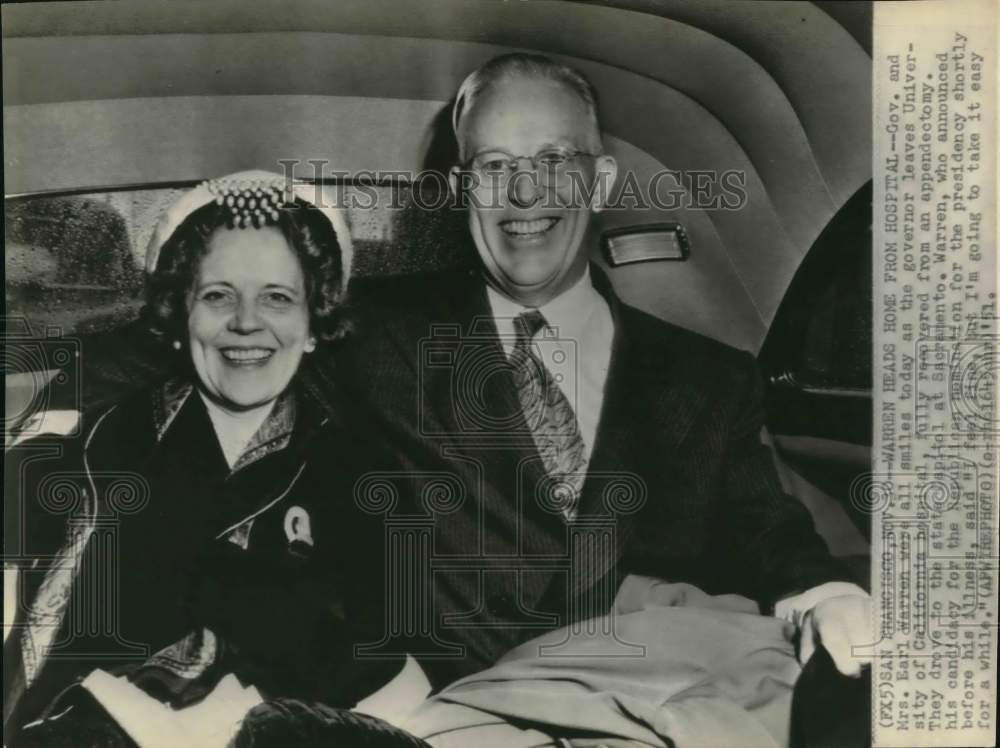 1951 Press Photo Governor & Mrs. Earl Warren Leave Hospital, San Francisco
