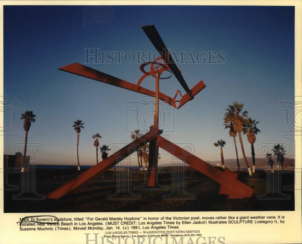 1991 Press Photo Weather vane sculpture honoring Victorian poet, Los Angeles- Historic Images