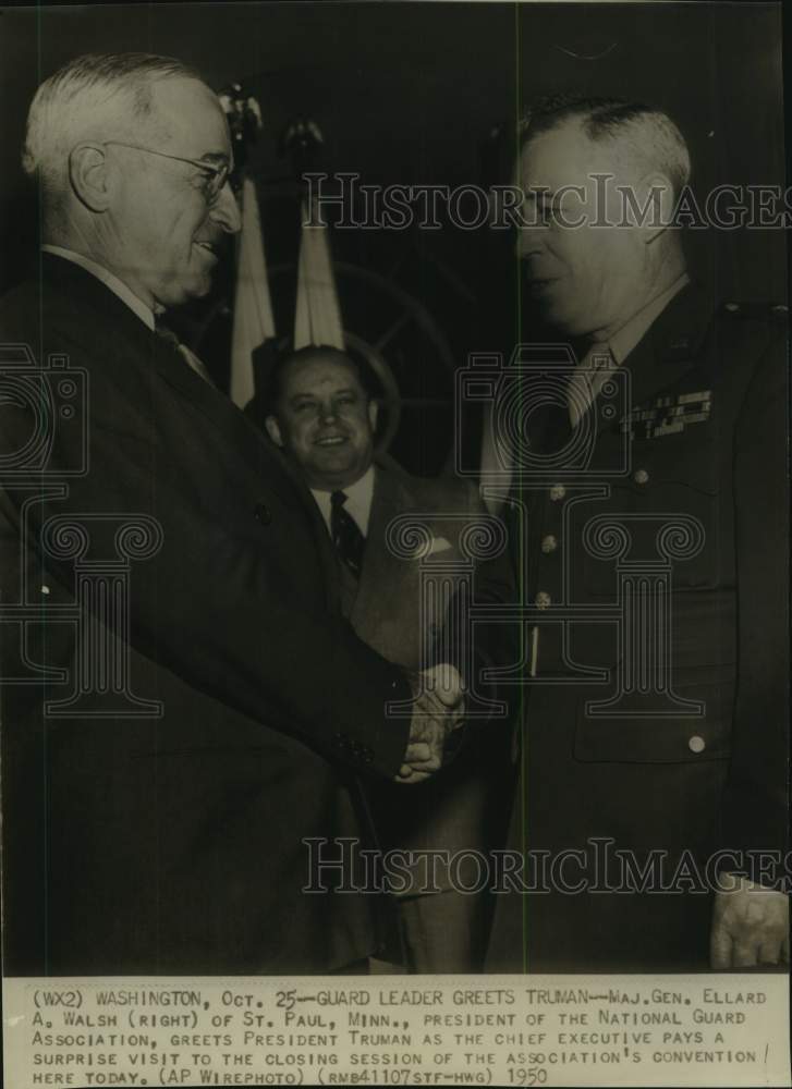 1950 Press Photo General Ellard A. Walsh Greet President Truman, Washington- Historic Images