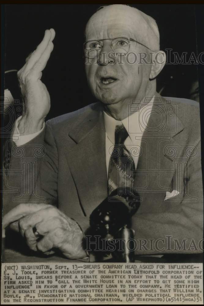 1951 Press Photo E.J. Toole swears before Senate Committee in Washington- Historic Images