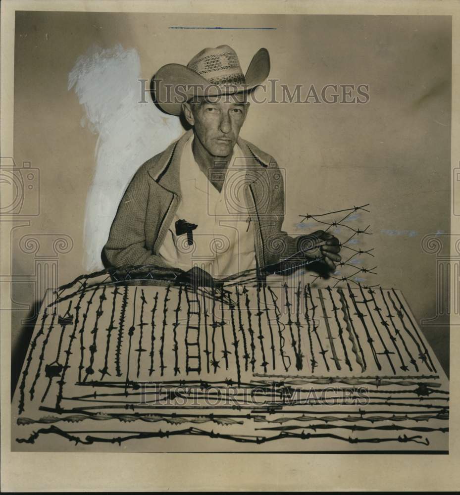 1966 Press Photo Big Hatted Jack Thomson, barbed wire collector. - sax16865- Historic Images