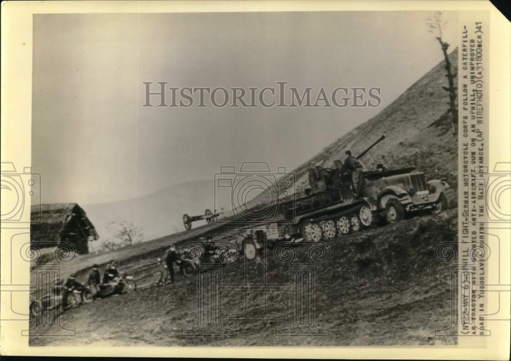 1941 Press Photo German motorcycle corps follow caterpillar tractor- Yougoslavia- Historic Images