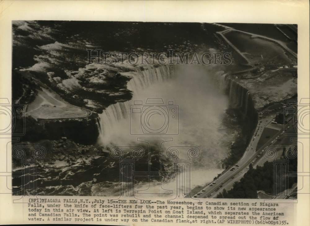 1955 Press Photo Air view of Niagara Falls Terrapin Point on Goat Island.- Historic Images