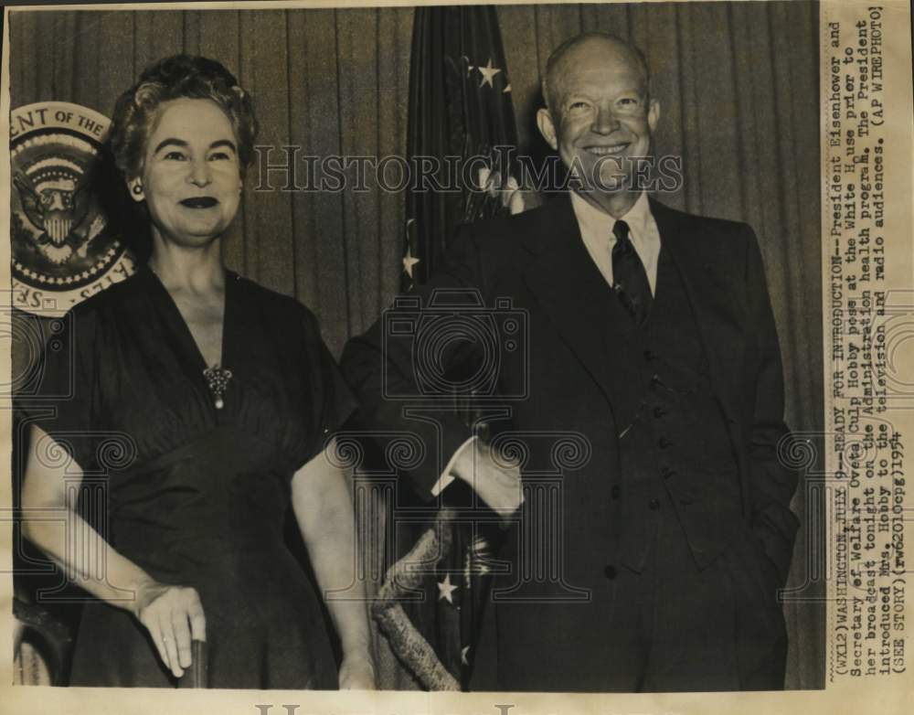 1954 Press Photo President Eisenhower, Secretary of Welfare Oveta Culp Hobby, DC- Historic Images