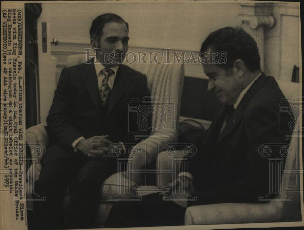 1973 Press Photo King Hussein meeting with President Nixon at White House in DC- Historic Images