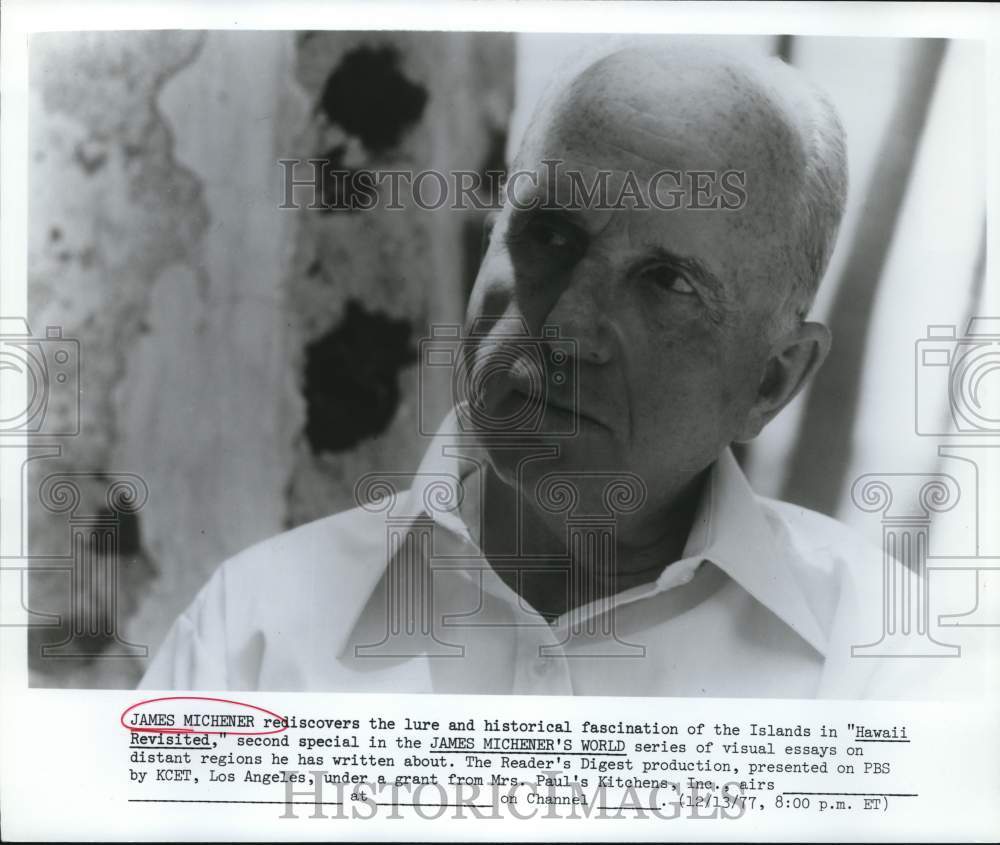 1977 Press Photo James Michener, author, hosts TV special "Hawaii Revisited"- Historic Images