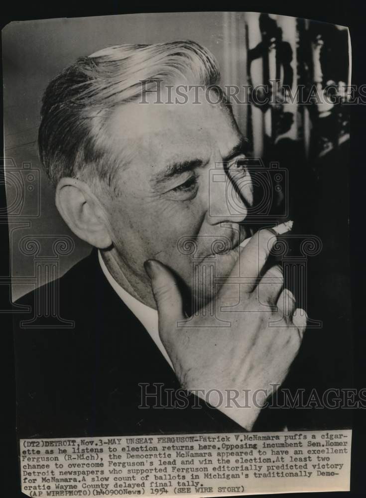 1954 Press Photo Patrick McNamara listens to election returns in Detroit- Historic Images