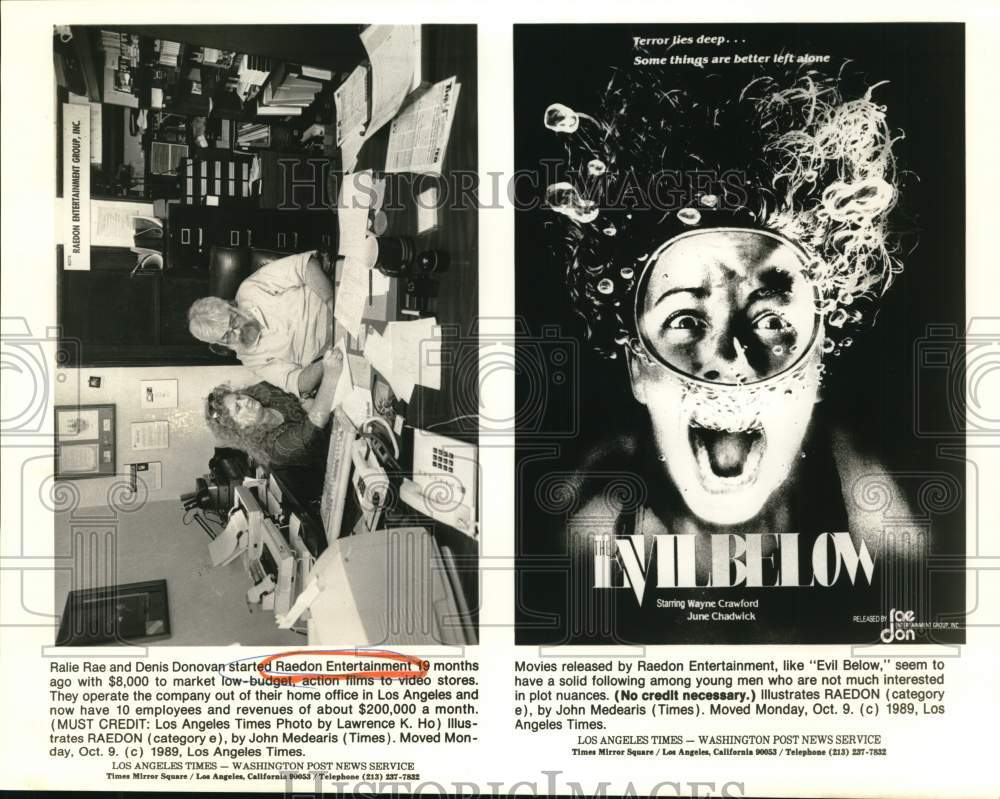 1989 Press Photo Raedon Entertainment owners and &quot;Evil Below&quot; movie poster- Historic Images