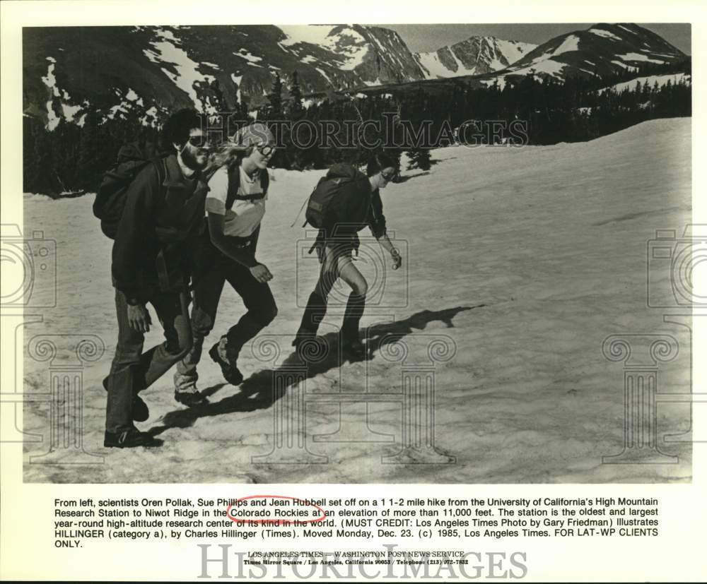 1985 Press Photo Scientists hike to Niwot Ridge in the Colorado Rockies- Historic Images