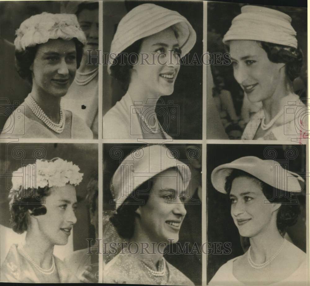 1956 Press Photo Princess Margaret of Britain in Various Hat Styles - sax24090- Historic Images