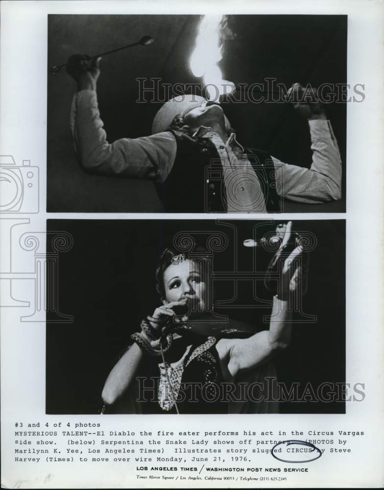 1976 Press Photo El Diablo and Serpentina the Snake Lady in Circus Vargas show- Historic Images