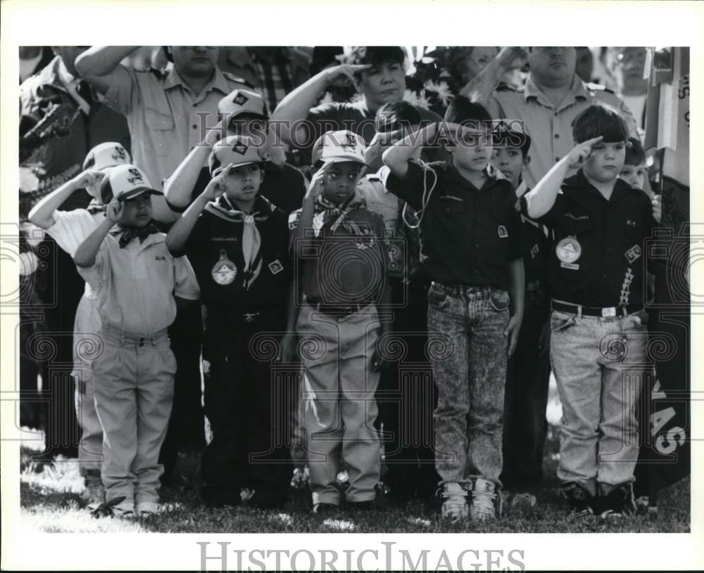 1980 Press Photo Cub Scout Pack 87 salute at Veterans Day at F - sax25043- Historic Images