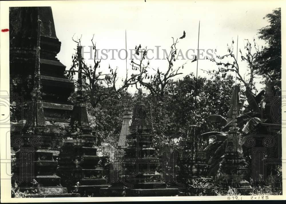 1981 Press Photo Two bats landing in trees surrounding Pom Wa Hat wat Thailand- Historic Images