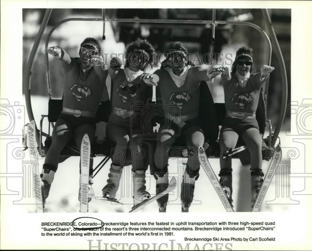 Press Photo Tourists ride the &quot;SuperChairs&quot; in Breckenridge, Colorado- Historic Images