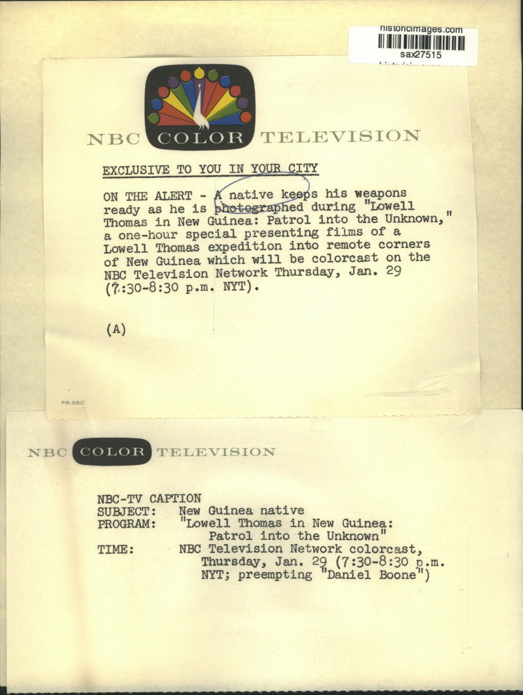 Press Photo Native with Weapons in "Lowell Thomas in New Guinea" on NBC-TV