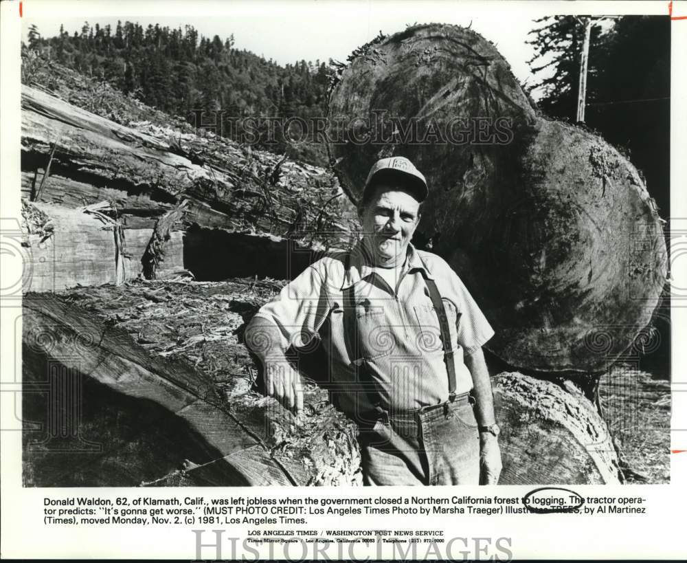 1981 Press Photo Logger Donald Waldon of Klamath, California with Trees