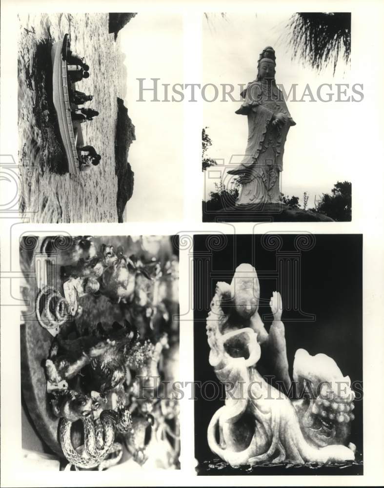 Press Photo Divers, Kuan Yin Statue and Zodiac Ornaments in Hong Kong, China- Historic Images