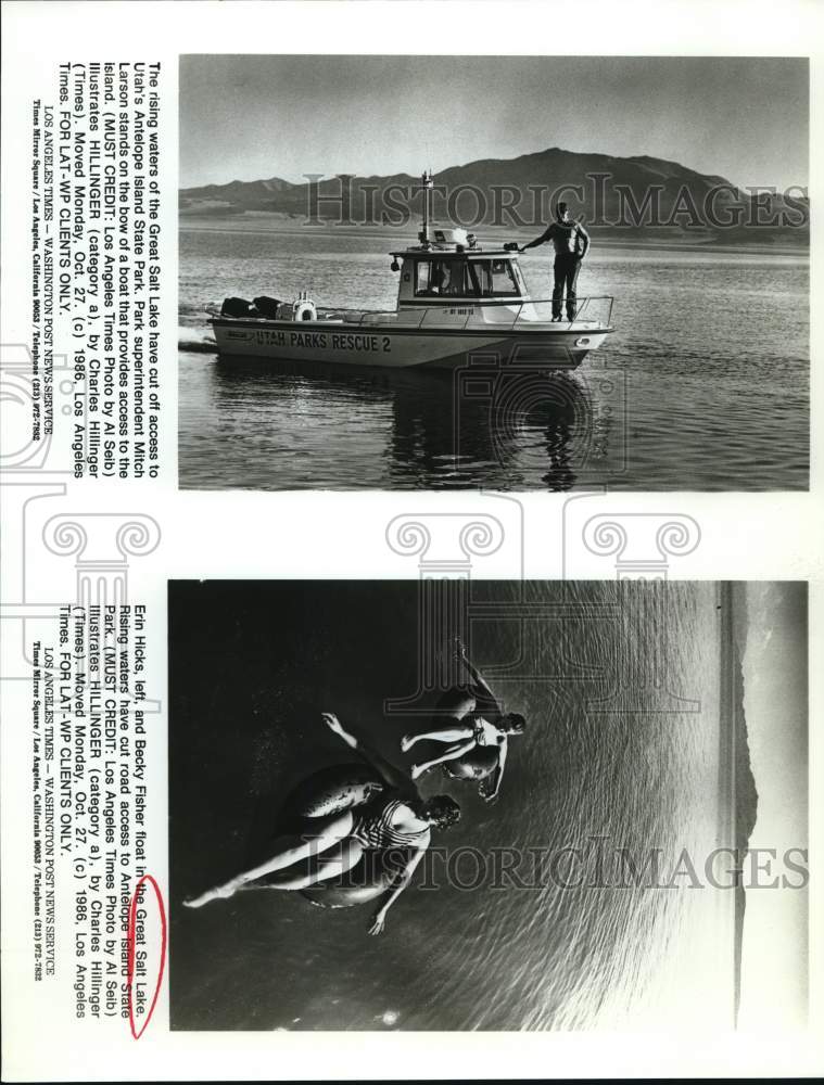 1986 Press Photo Great Salt Lake Superintendent on Boat with Inner Tube Floaters- Historic Images