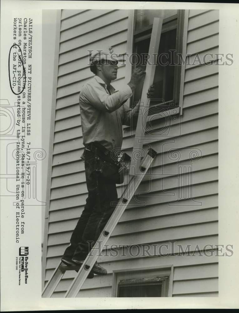 Press Photo Parolee Charles Marston works on house in Lynn, Massachusetts- Historic Images