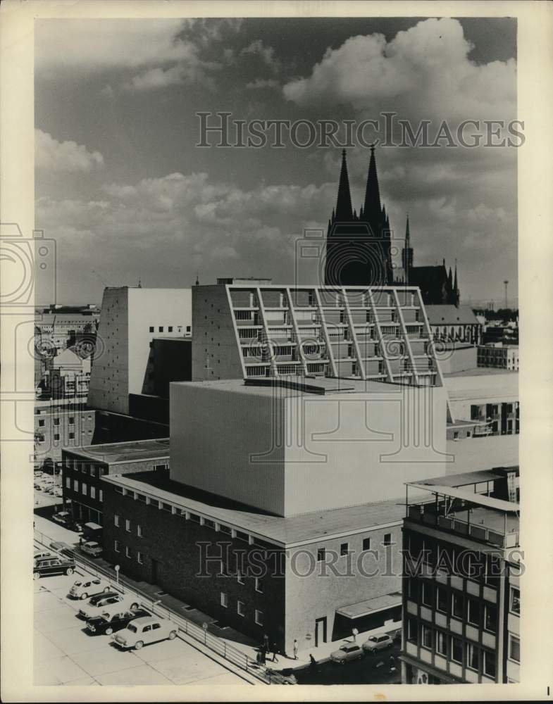 Press Photo Newer Buildings in Foreground with Gothic Towers in Background- Historic Images