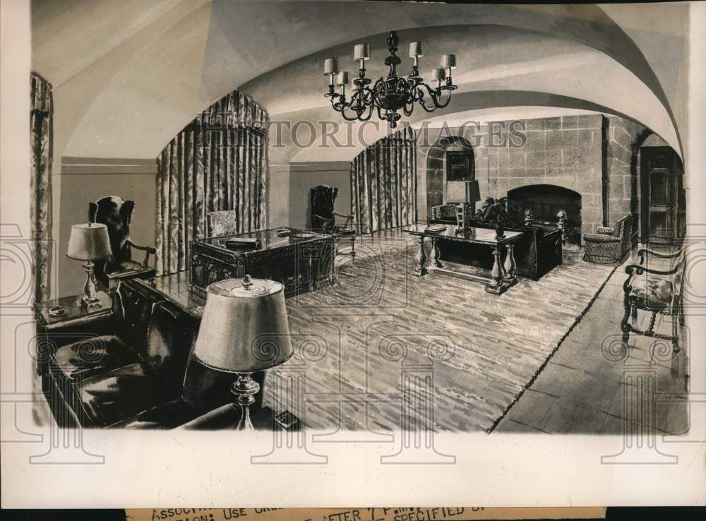 1951 Press Photo Water Color Painting of the White House Broadcasting Room