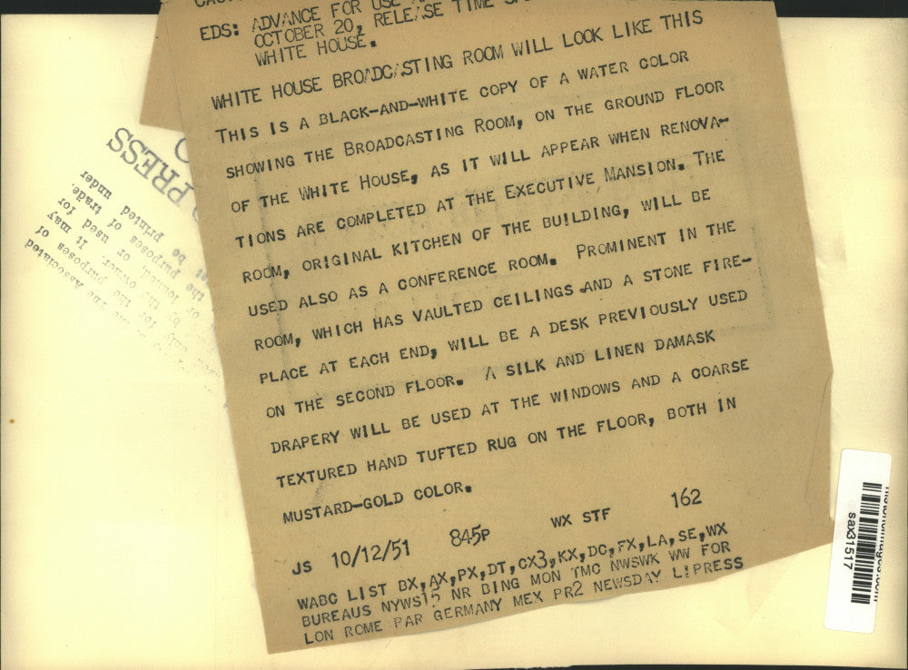 1951 Press Photo Water Color Painting of the White House Broadcasting Room