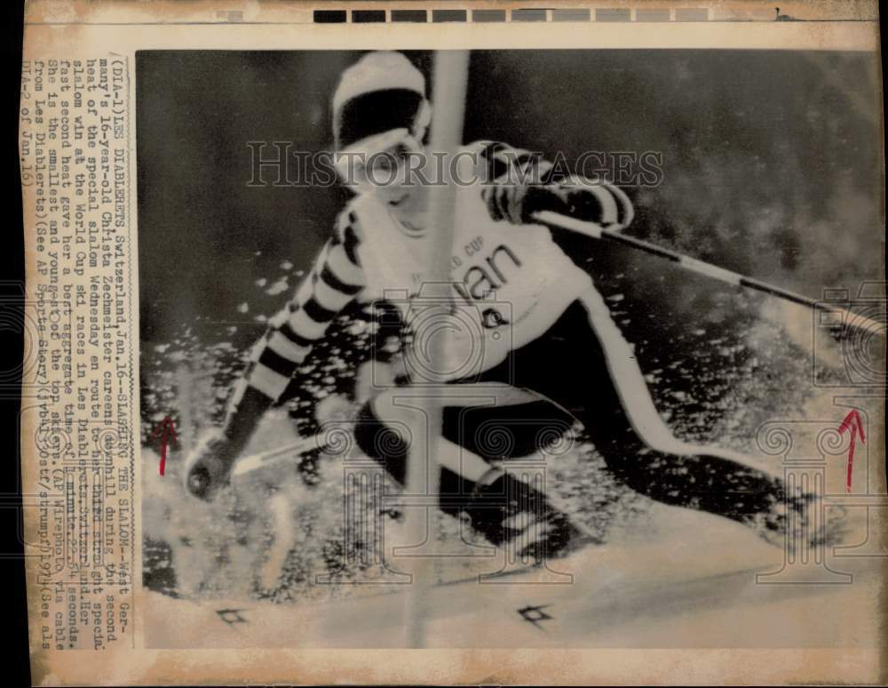 1974 Press Photo Christa Zechmeister skiing in World Cup races in Switzerland- Historic Images