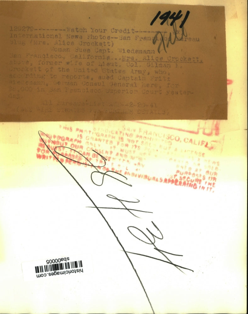 1941 Press Photo Mrs. Alice Crockett sued Captain Wiedemann in Superior Court