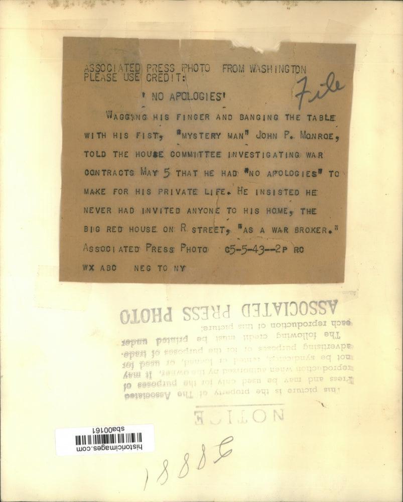 1943 Press Photo John P Monroe Told Comm Investigating War Contracts No Apologie