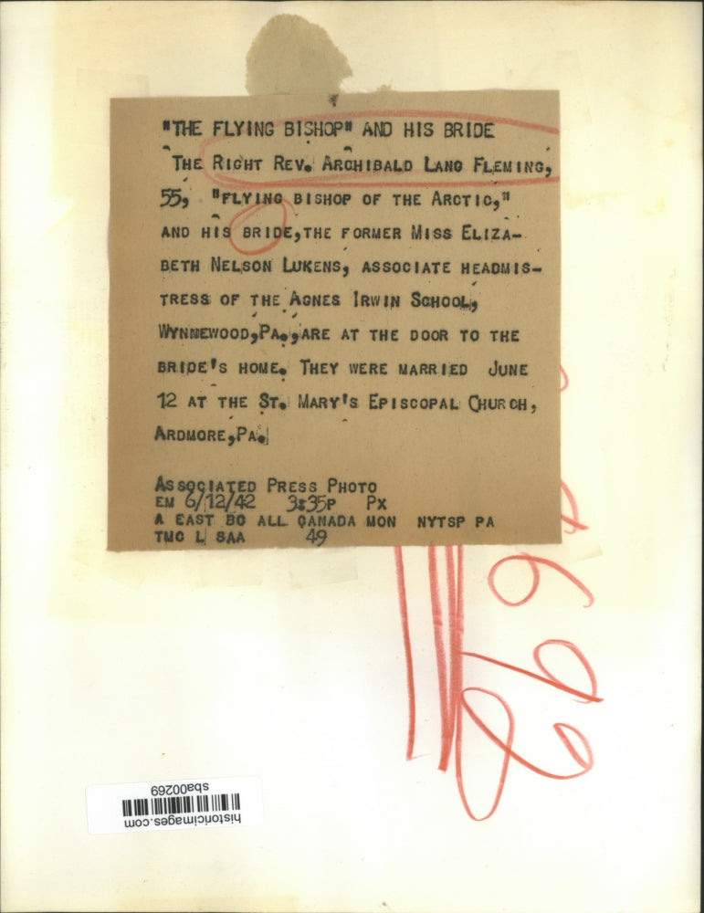 1942 Press Photo Rev. Archibald Lang Fleming, The Flying Bishop and his Bride