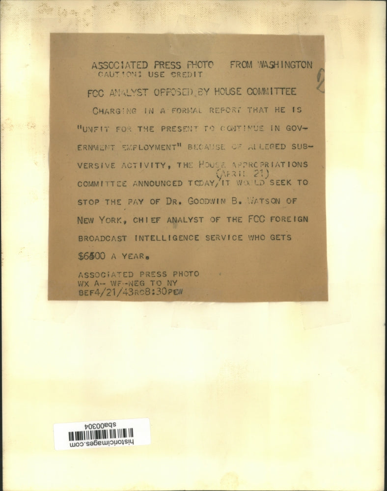 1943 Press Photo Dr Goodwin B. Watson,Chief Analyst of the FCC Foreign Broadcast