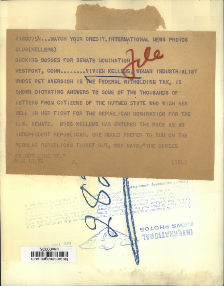 1952 Press Photo Vivien Kellems Woman Industrialist Senate Nominee - sba00326
