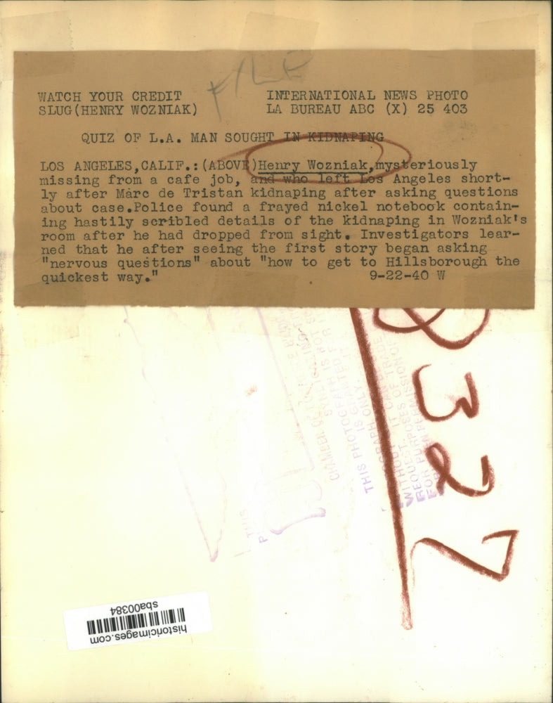 1940 Press Photo Henry Wozniak Missing From Cafe Job - sba00384