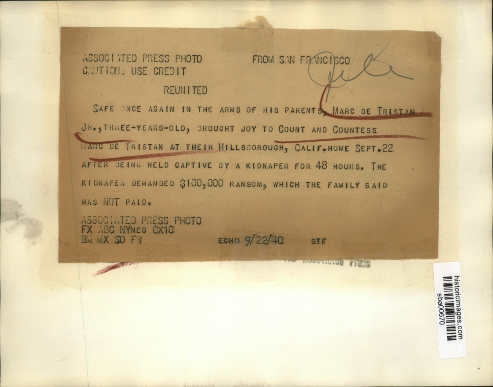 1940 Press Photo 3 Year Old Kidnapped Child Marc de Tristan safe with parents