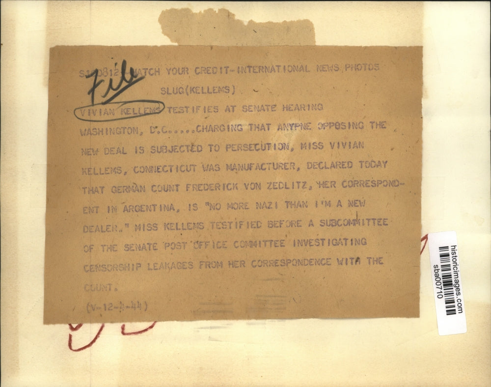 1944 Press Photo Vivian Kellems Testifies At Senate Hearing - sba00710