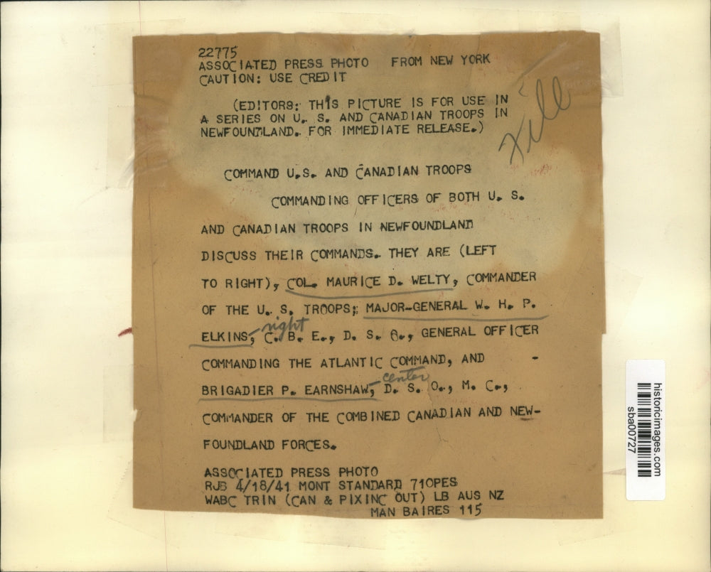 1941 Press Photo Col Maurice Welty, US commandeer, Maj Gen WHP Elkins