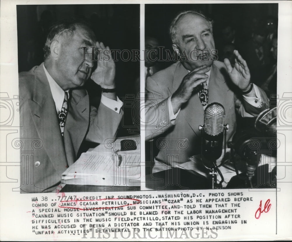 1947 Press Photo James Caesar Petrillo before Special House Investigation- Historic Images