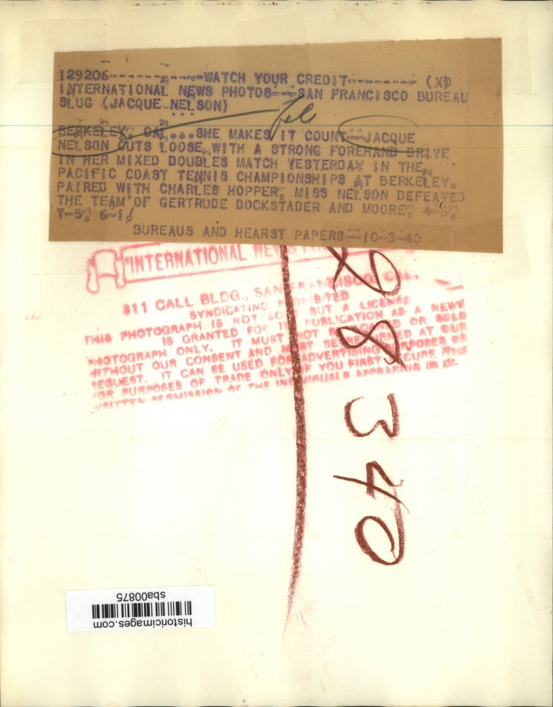 1940 Press Photo Jacque Nelson in Pacific Coat Tennis Championship at Berkeley.