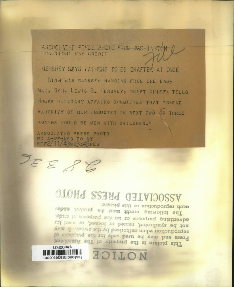 1943 Press Photo Maj Gen Lewis B Hershey draft chief at House Military Affairs