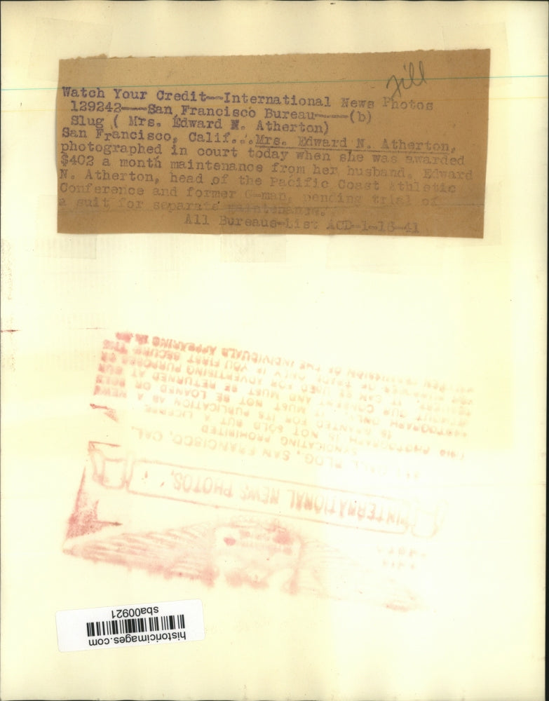 1941 Press Photo Mrs. Edward N. Atherton Awarded Monthly Payment from Husband