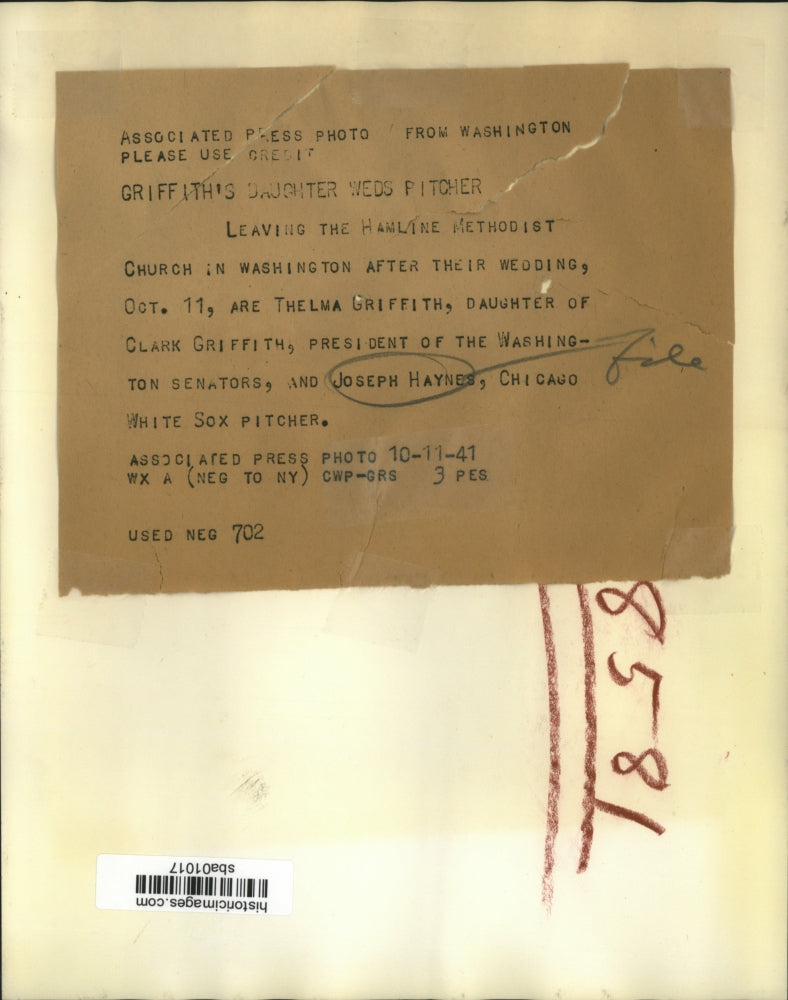 1941 Press Photo Thelma Griffith and Joseph Haynes are married in Washington