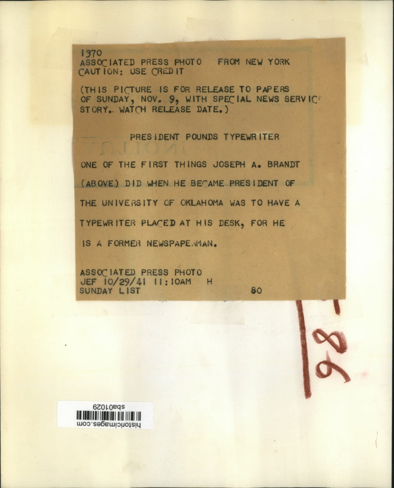 1941 Press Photo Joseph A. Brandt President of University of Oklahoma