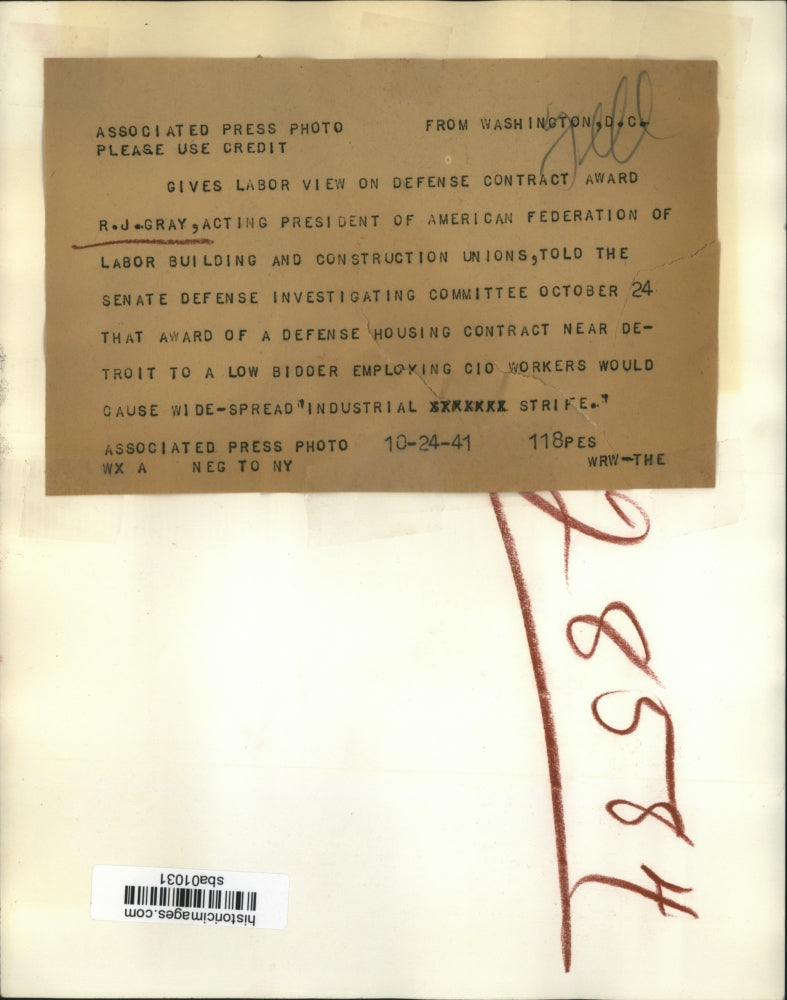 1941 Press Photo R.J. Gray, President of Labor Building and Construction Unions