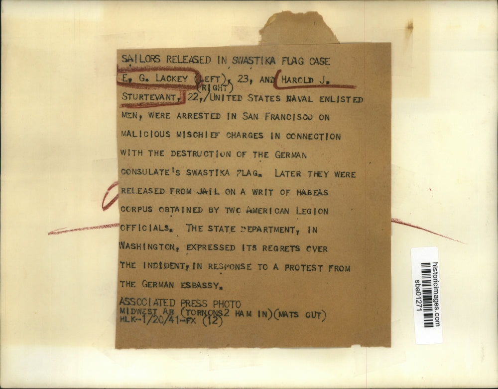 1941 Press Photo San Francisco Harold Sturtevant,EG Lackey in jail for mischief