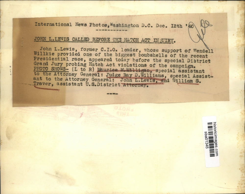 1940 Press Photo John L.Lewis,C.I.O Leader appeared before the Hatch Act Inquiry