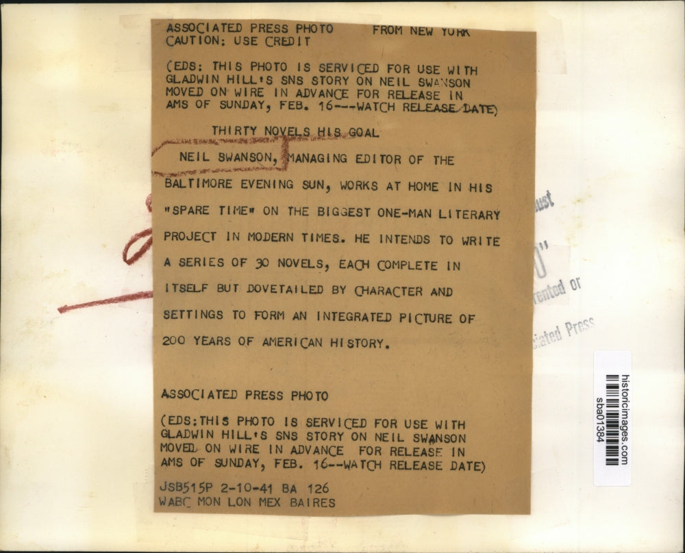 1941 Press Photo Neil Swanson Editor of Baltimore Evening Sun to Write Novels