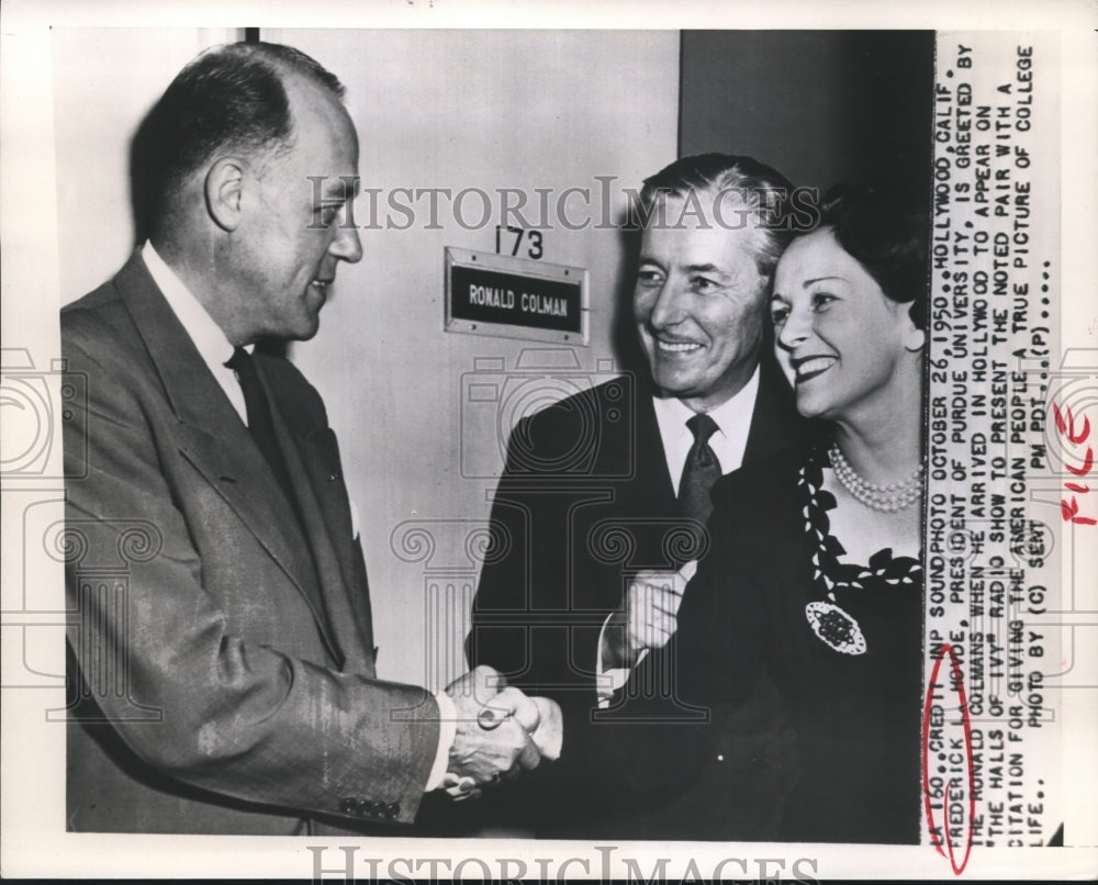 1950 Press Photo Purdue University President Frederick Hovde greeted by Colemans